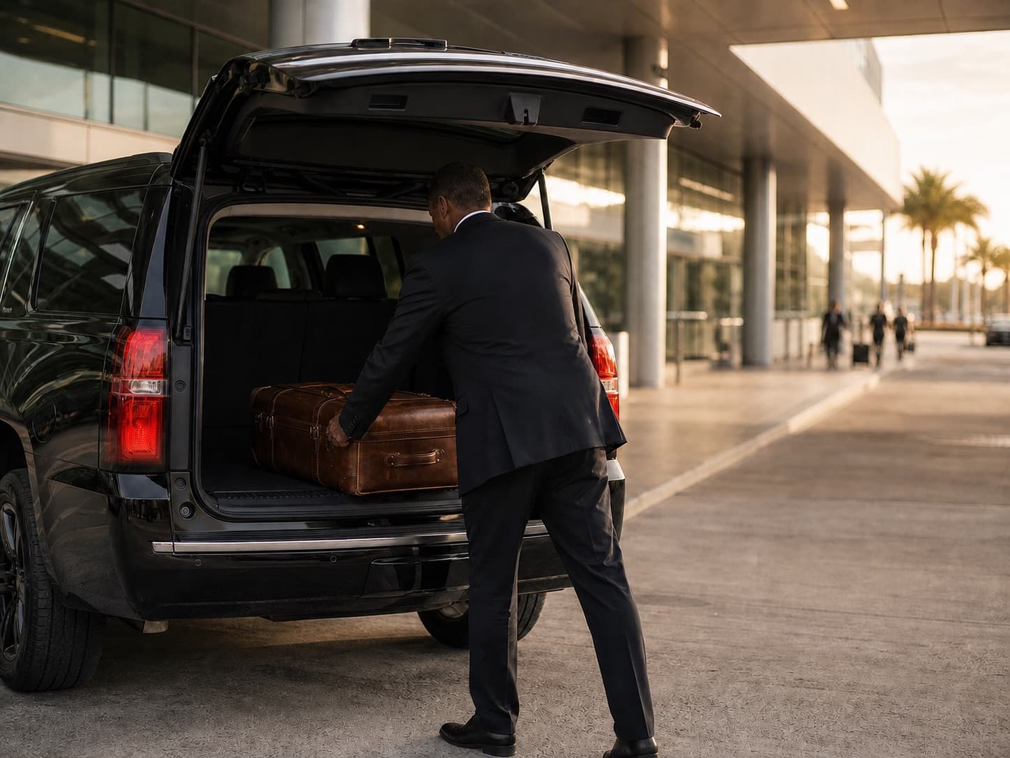 A Black professional chauffeur loading luggage into a black SUV at an airport terminal.